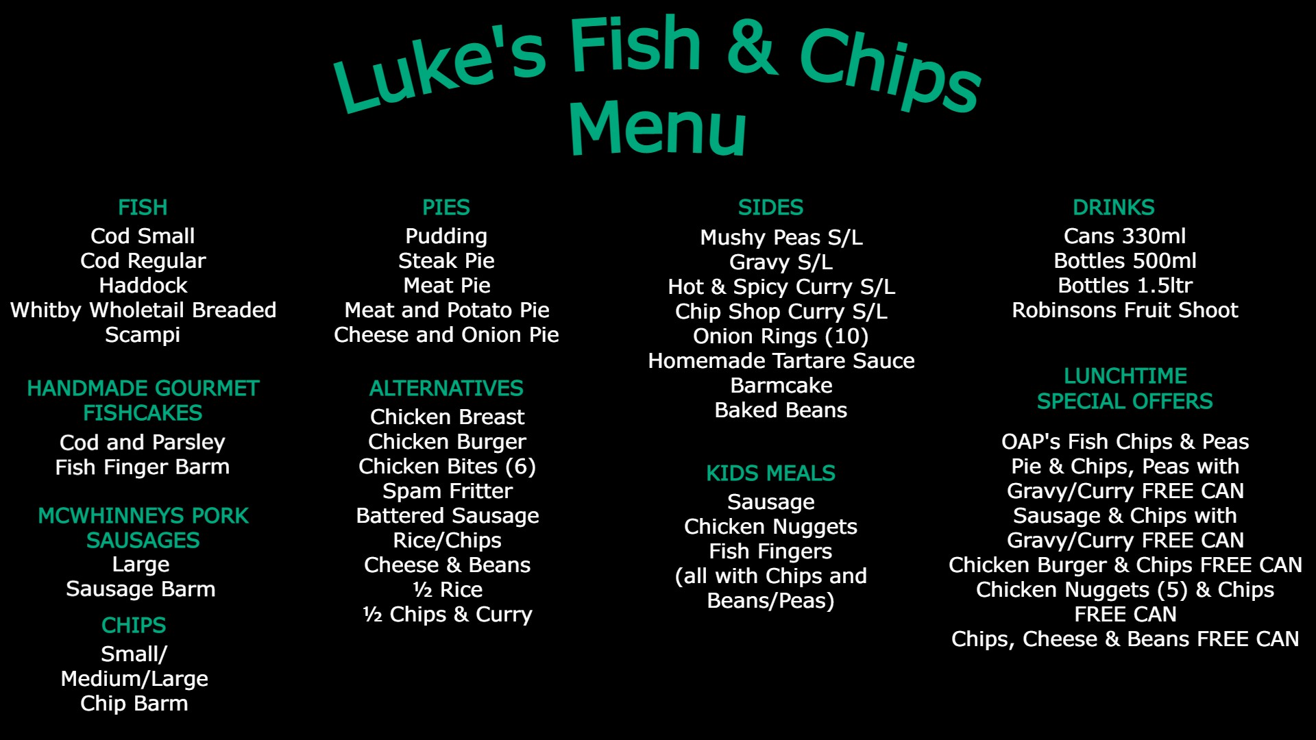 Takeaway food menu lukes fish and chips cheadle hulme cheshire